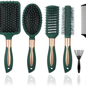 Juego de 5 cepillos de pelo para hombre y mujer para cabello húmedo para cabello largo, sin enredos, para cabello rizado o liso (verde oscuro)
